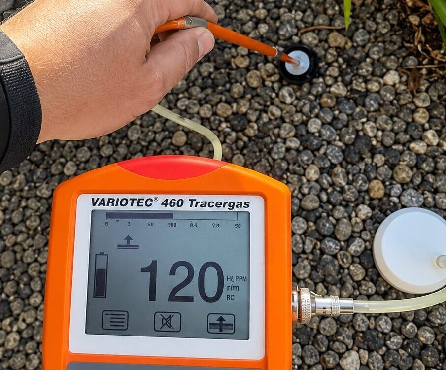 A residential tracer gas leak detection test conducted outdoors.