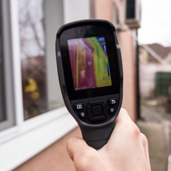 A thermal camera being used to do an inspection outdoors of a window frame