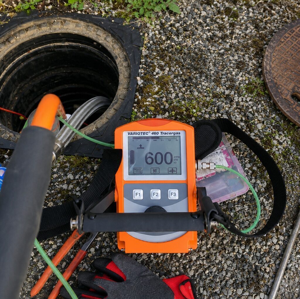 A tracer gas leak detection device being used outside in a manhole.